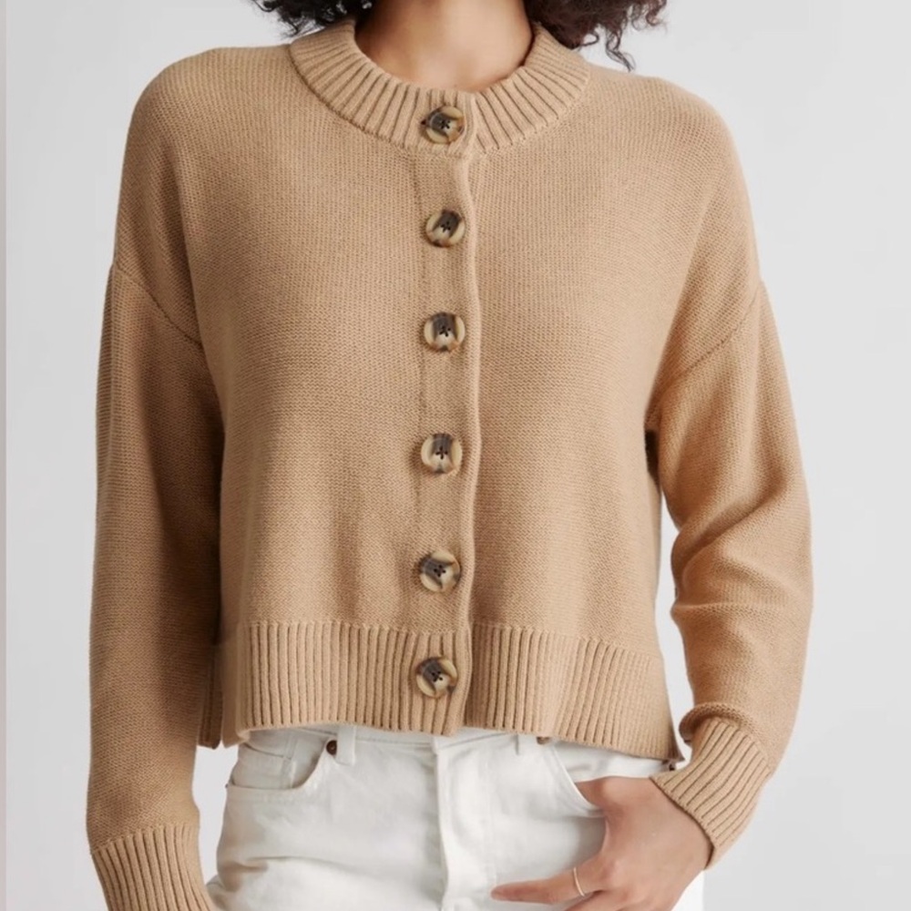 Quince Organic Cotton Cropped Cardigan Sweater Camel Brown Faux Horn Button Sz M - Picture 2 of 16